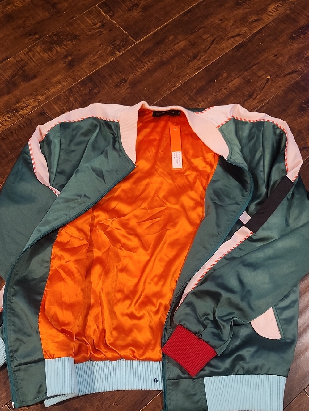 Atelier New Regime Green Satin Bomber with Pink Rib Collar - Picture 6 of 11